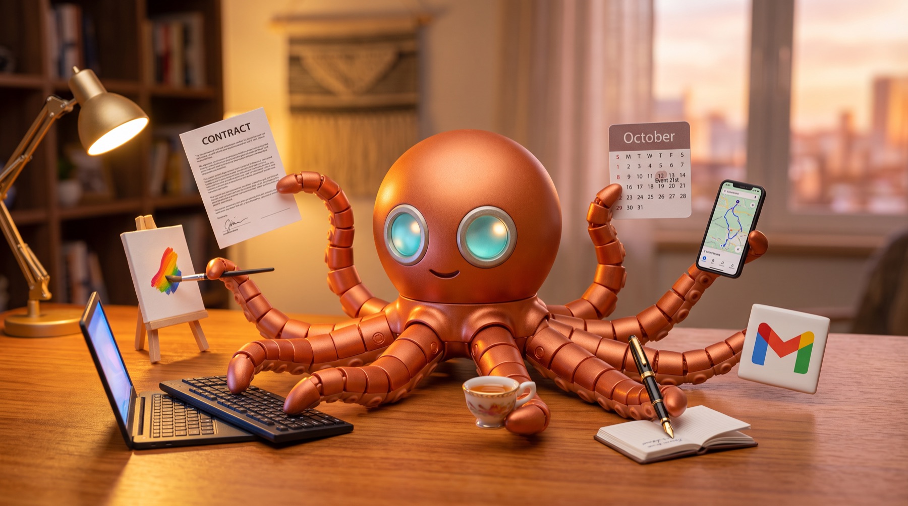 Neo at a sunny desk, creating, researching and planning.