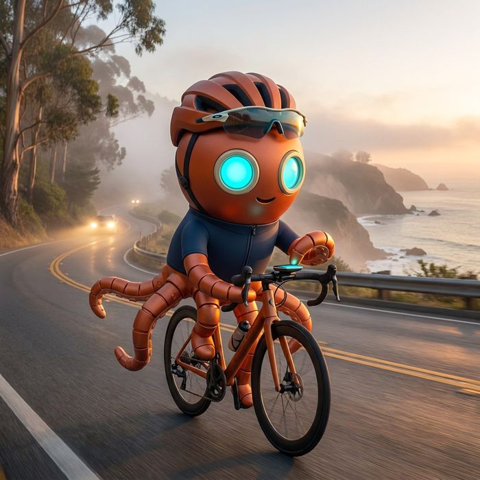 Neo riding a road bike along the coast at dawn